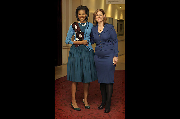 Michelle Obama stepped out in a funky argyle and sequin trimmed cardigan by the trendy Japanese designer Junya Watanabe Michelle Obama stepped out in a funky argyle and sequin trimmed cardigan by the trendy Japanese designer Junya Watanabe
