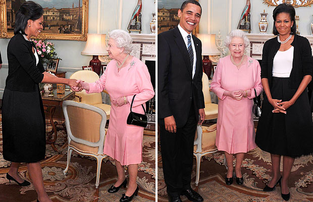 奥巴马夫人惊艳时装秀/图 President Barack Obama and his wife Michelle Obama meet with Queen Elizabeth II at Buckingham Palace