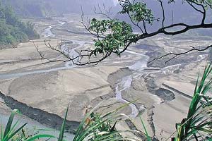 草岭清水溪曾经变成堰塞湖,又经“纳莉”台风之灾,如今已成了一片污泥