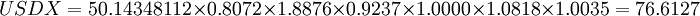 USDX = 50.14348112\times 0.8072\times 1.8876\times 0.9237\times 1.0000\times 1.0818\times 1.0035 =76.6127