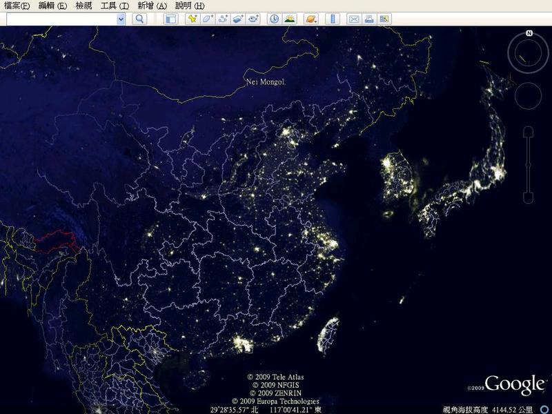 卫星高空看东亚和中国各省经济繁荣