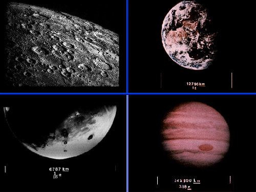 5、太阳系行星 如图所示,这是旅行者号系列探测器金属盘上记录的水星、地球、木星和火星(从左上角按照顺时针的方向)。