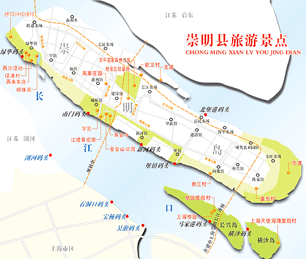 崇明岛旅游景点示意图及水上交通示意图