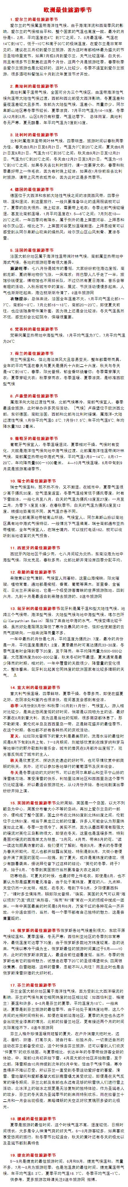 欧洲各国的最佳旅游季节
