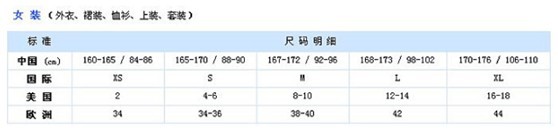 中美尺码换算表