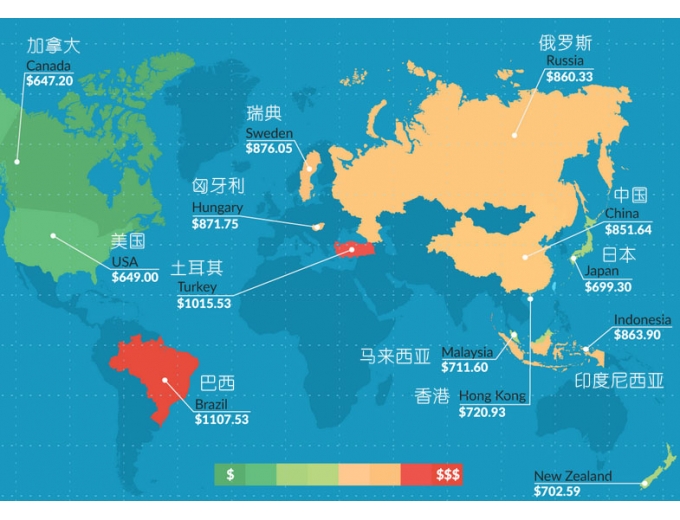 美国公司绘制的全球iPhone价格图：