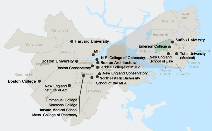 波士顿Boston地区各大学分布图