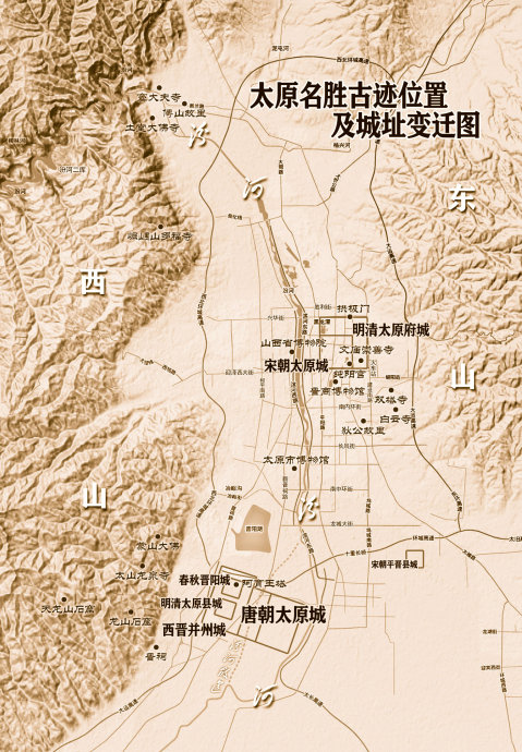 太原城址演变及名胜古迹位置图