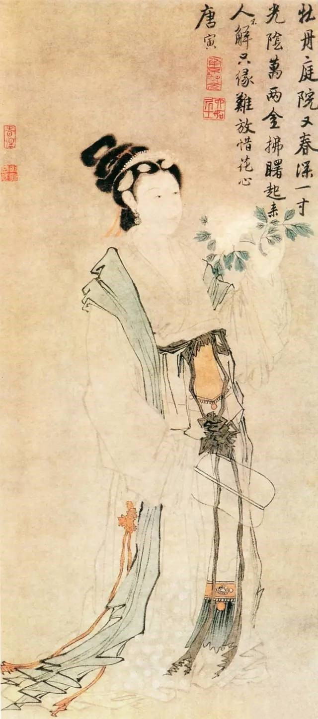 唐寅《牡丹仕女图》立轴