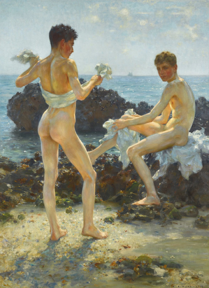 英国印象派画家Henry Scott Tuke作品的Under the West