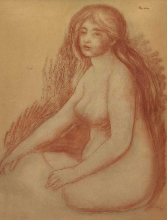 皮埃尔-奥古斯特·雷诺阿《金发浴女》的草图和最终油画。
