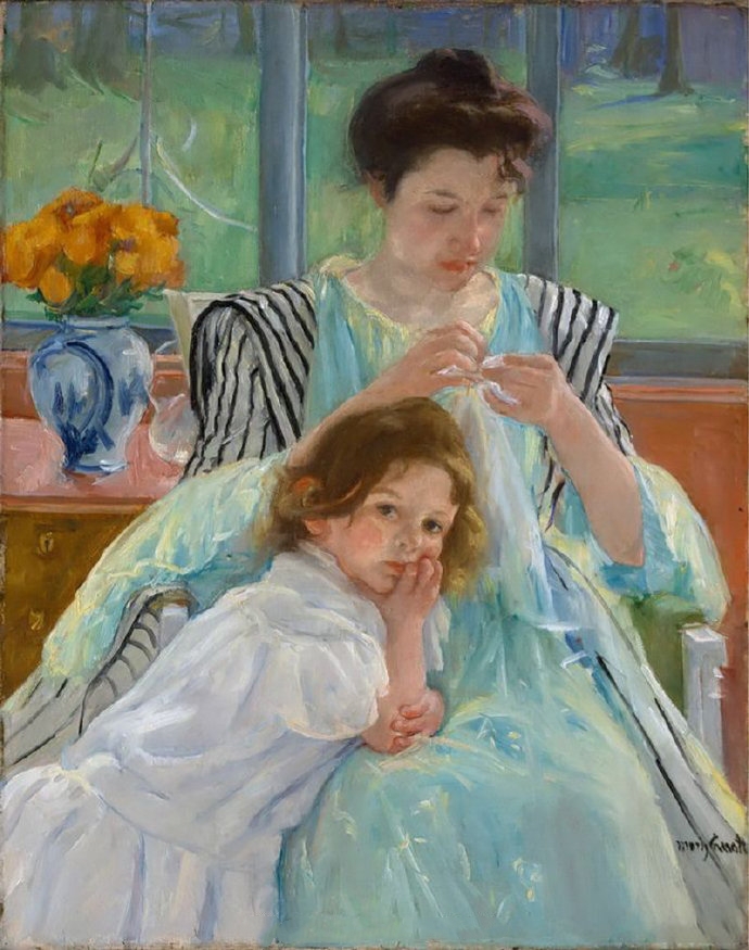 玛丽·卡萨特《Young Mother Sewing》（做针线活的年轻母亲）