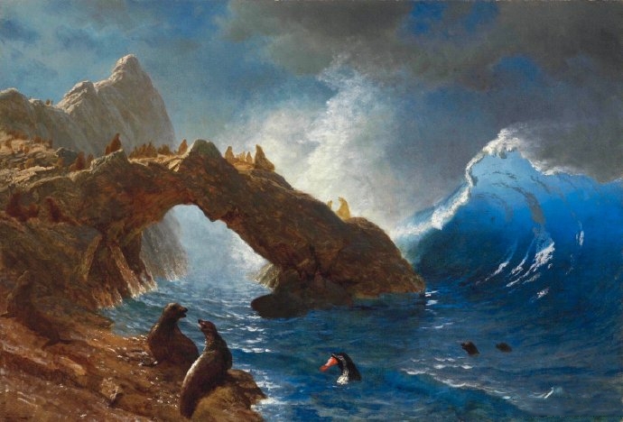 Albert Bierstadt《Seals On Rocks》（岩石上的海豹）