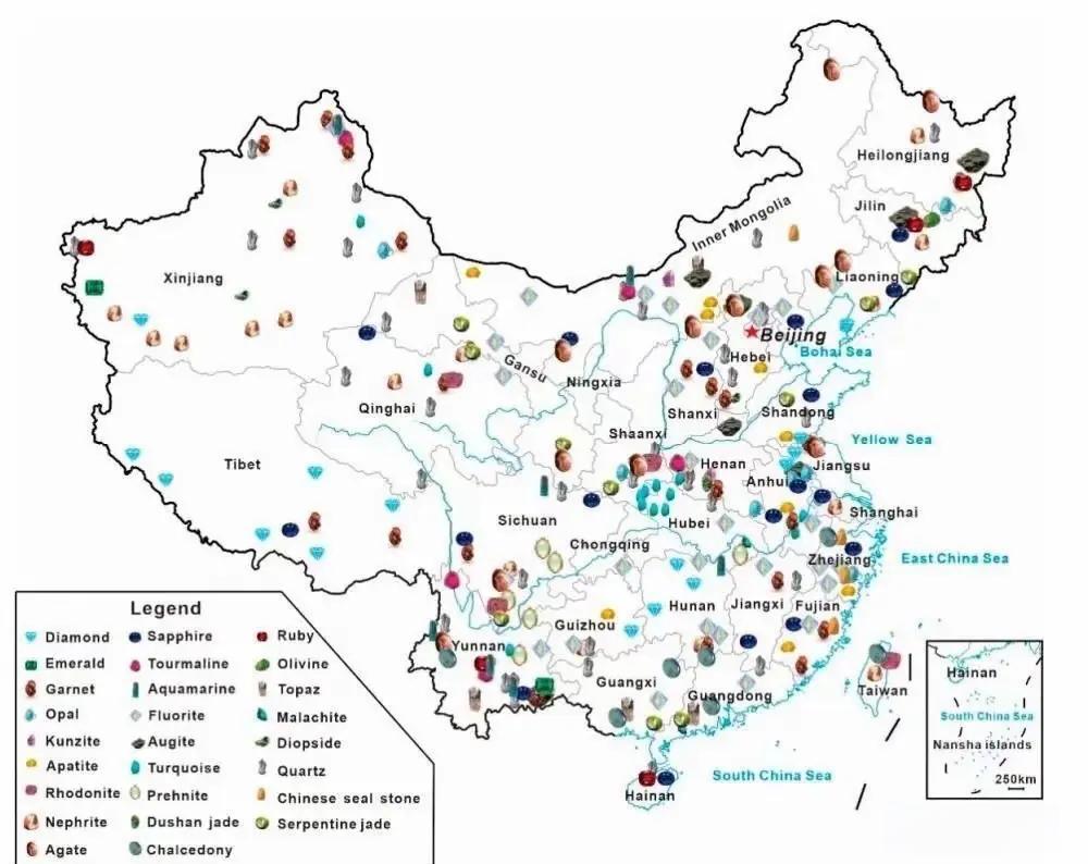 中国宝石分布图