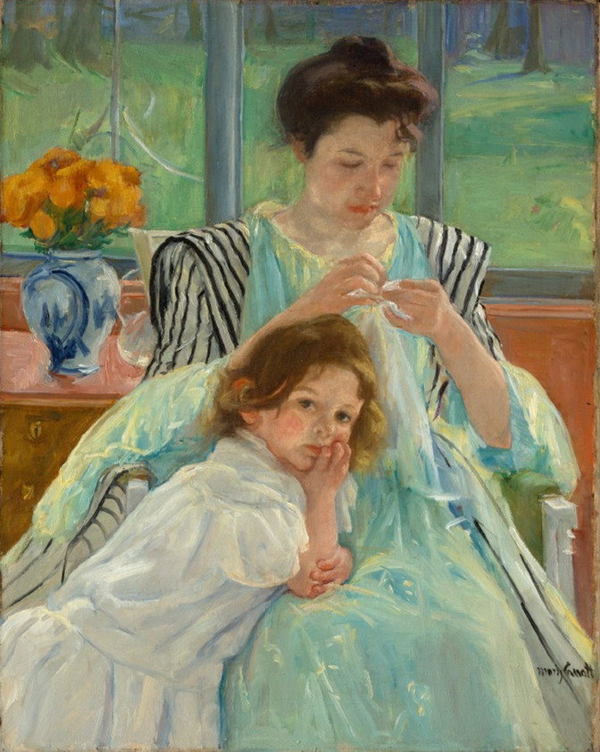 玛丽·卡萨特《Young Mother Sewing》（年轻的母亲正在缝纫）