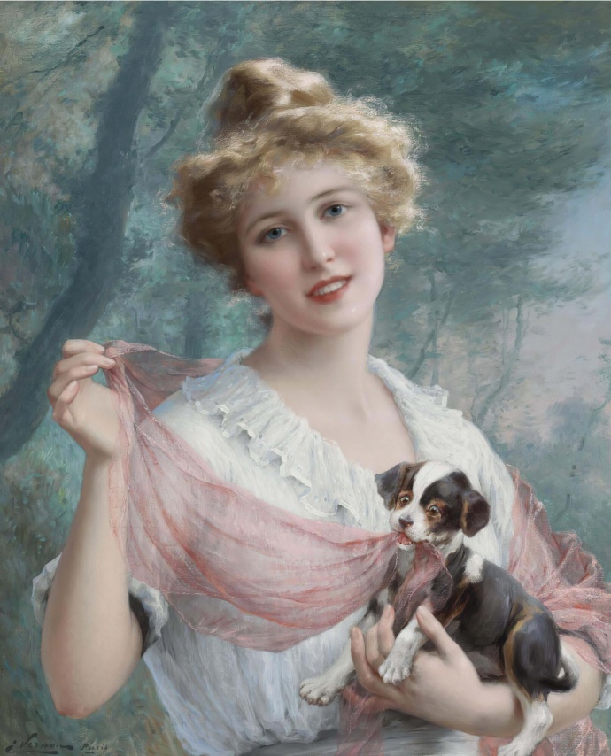 埃米尔·弗农《The Mischievous Puppy》(女孩怀抱淘气的幼犬)