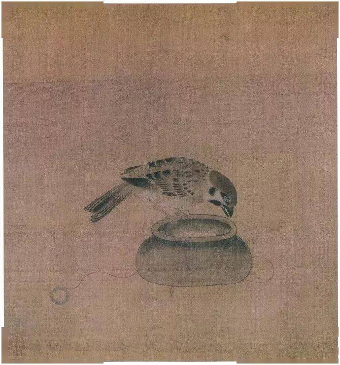 宋代《驯禽俯啄图》