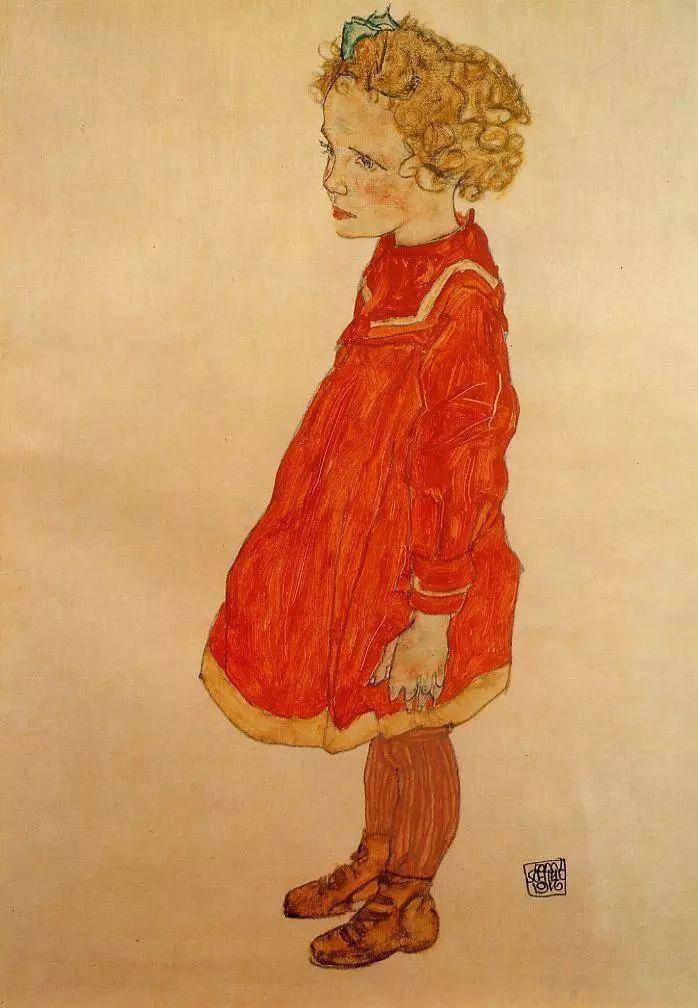 席勒《Little Girl with Blond Hair in a Red 