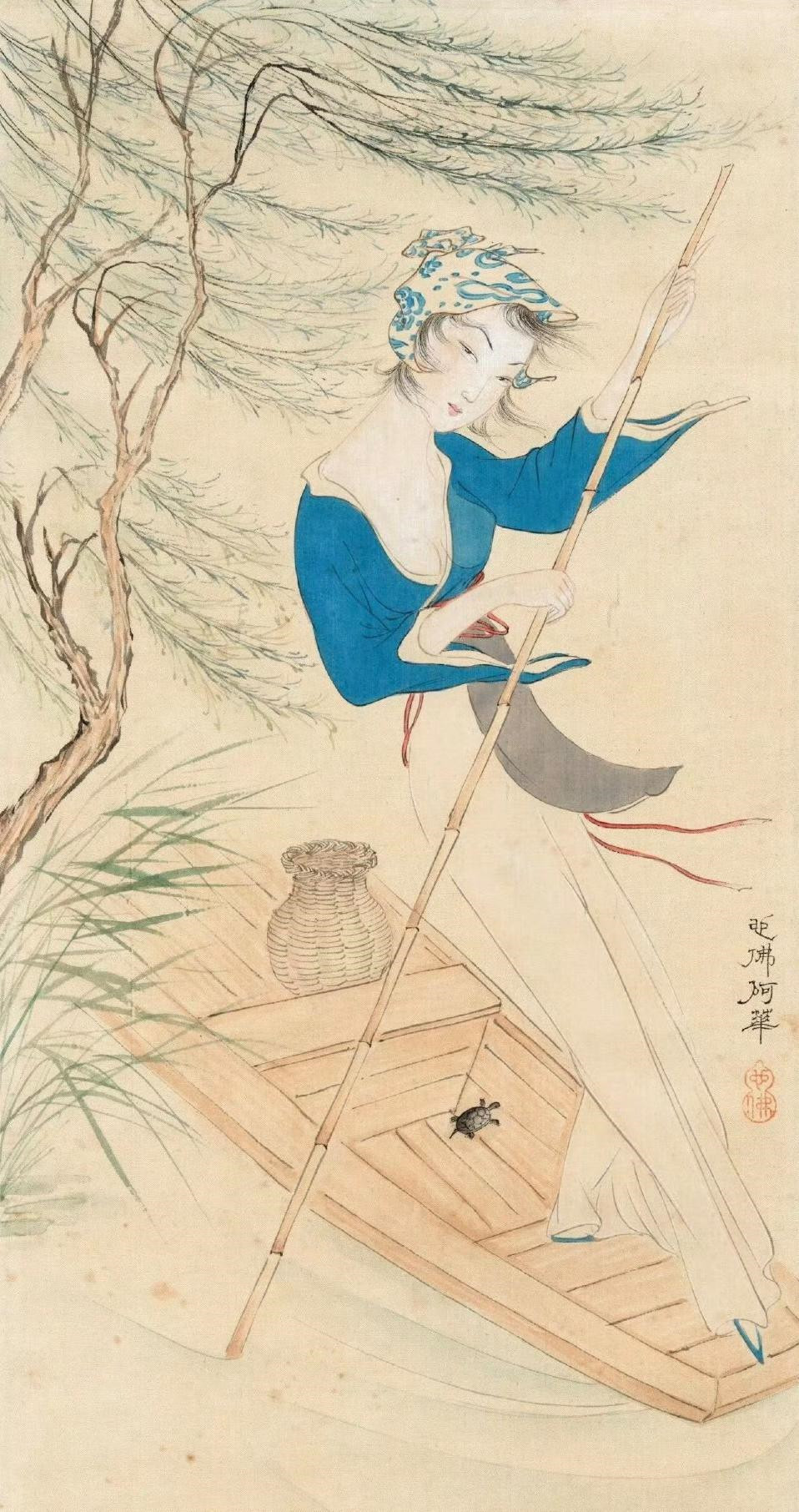 胡也佛《春艇渔女》局部欣赏