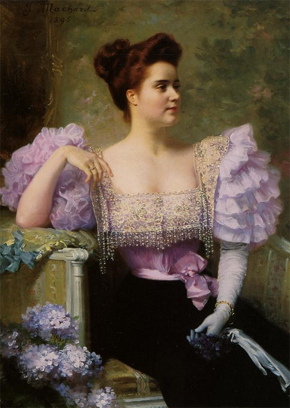 Jules Louis Machard 《穿晚礼服的年轻妇女坐在一束绣花旁边》