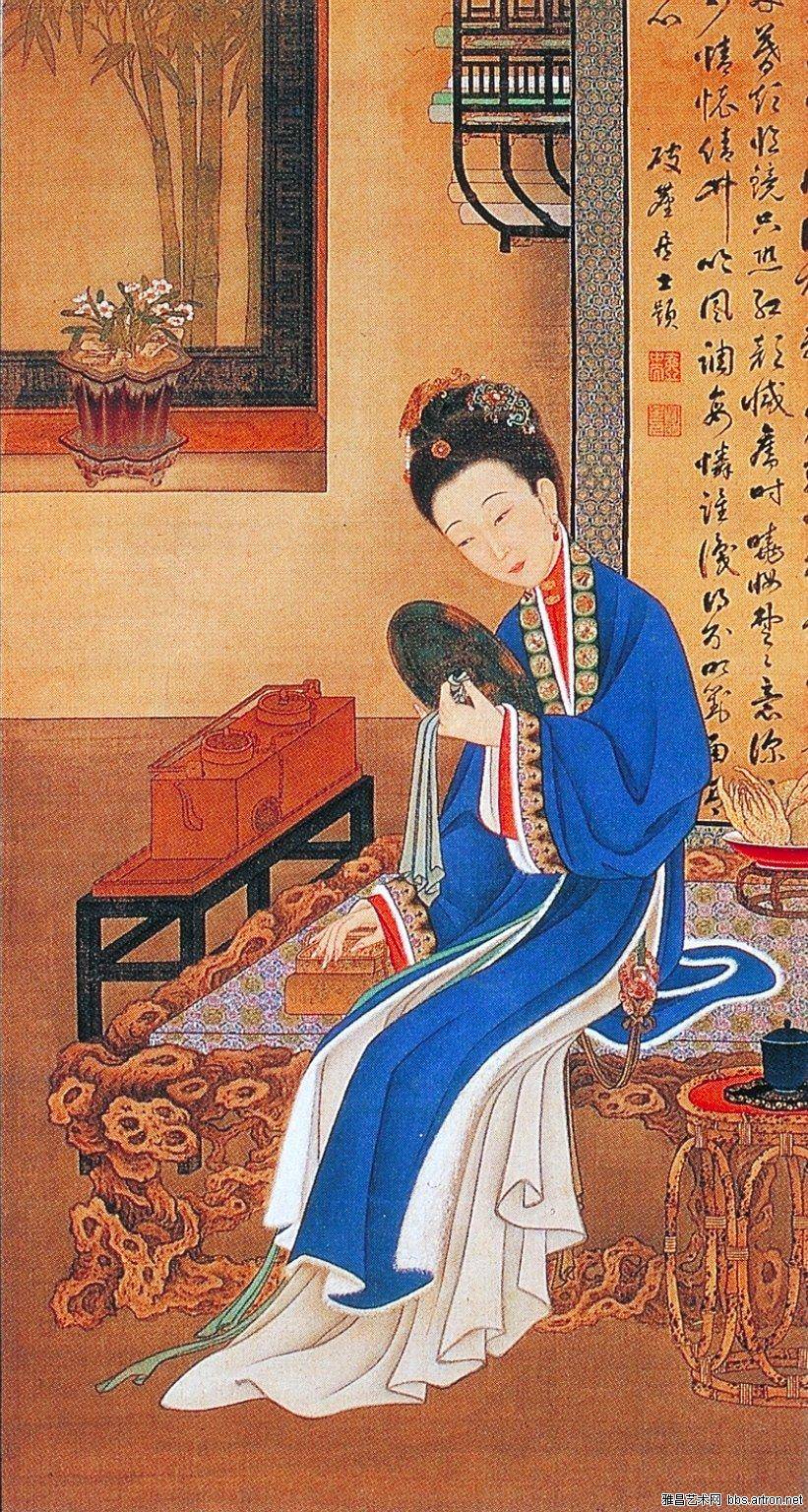雍亲王题书堂深居图 裘装对镜